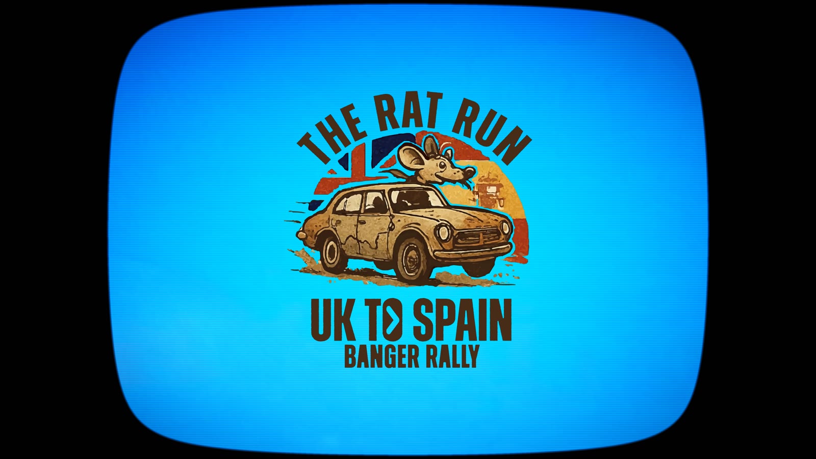 The Rat Run logo: a rat driving a banger, UK to Spain banger rally