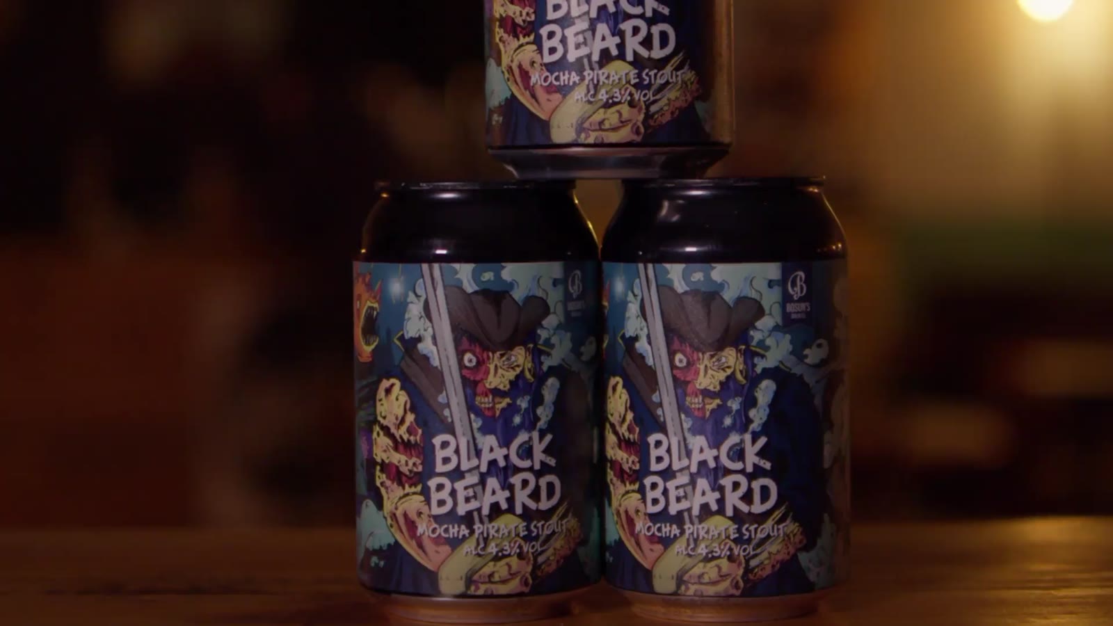 A Black Beard beer can lit in warm light against a dark background